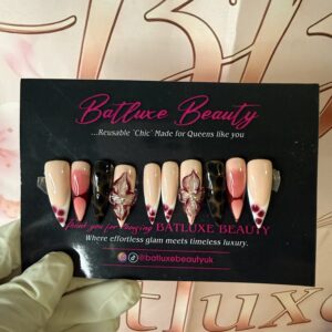 Batluxe nude black burgundy floral reusable press on nails
