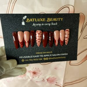 Batluxe red nude detailed reusable press on nails