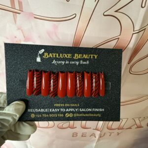 Batluxe red zebra design reusable press on nails.