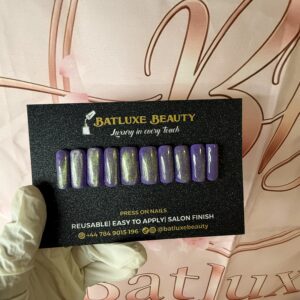 Batluxe purple shimmer reusable press on nails
