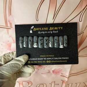 Batluxe grey cartoon design reusable press on nails