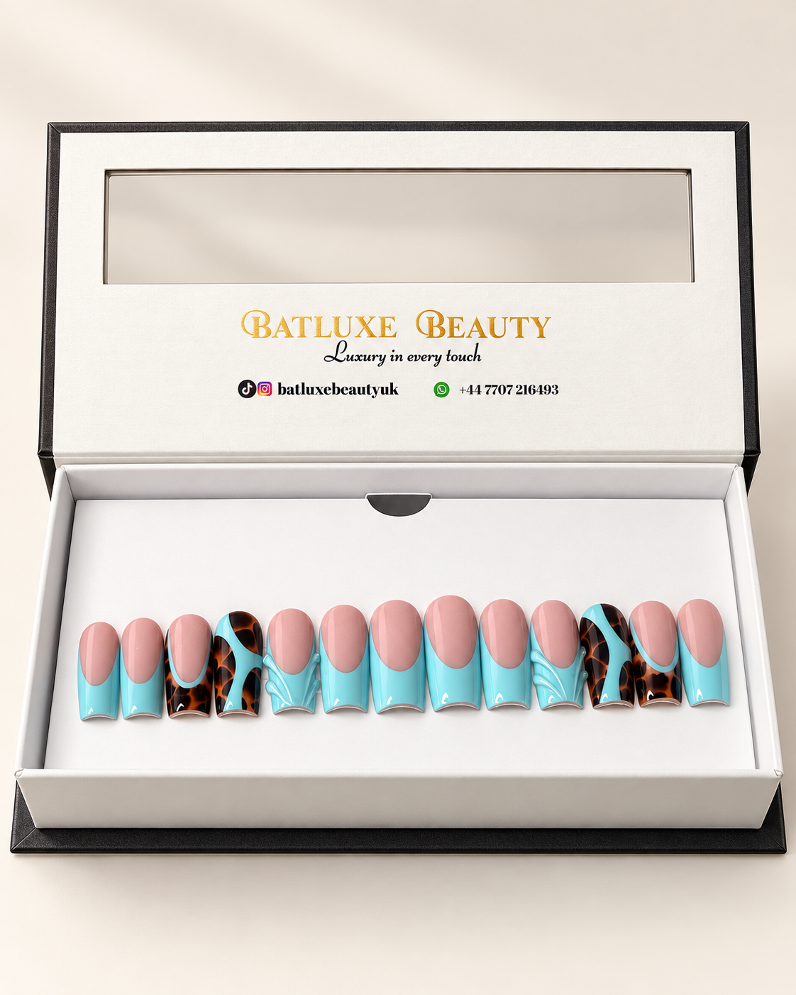 Turquoise Tortoise luxury press-on nails by Batluxe Beauty