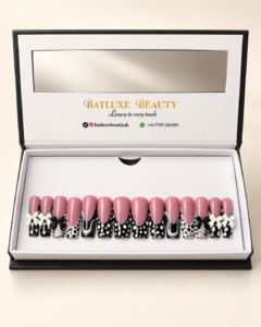 Batluxe Parisian Bow Press-On Nails with pink, black and white bow design