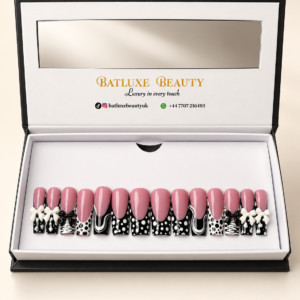 Batluxe Parisian Bow Press-On Nails with pink, black and white bow design