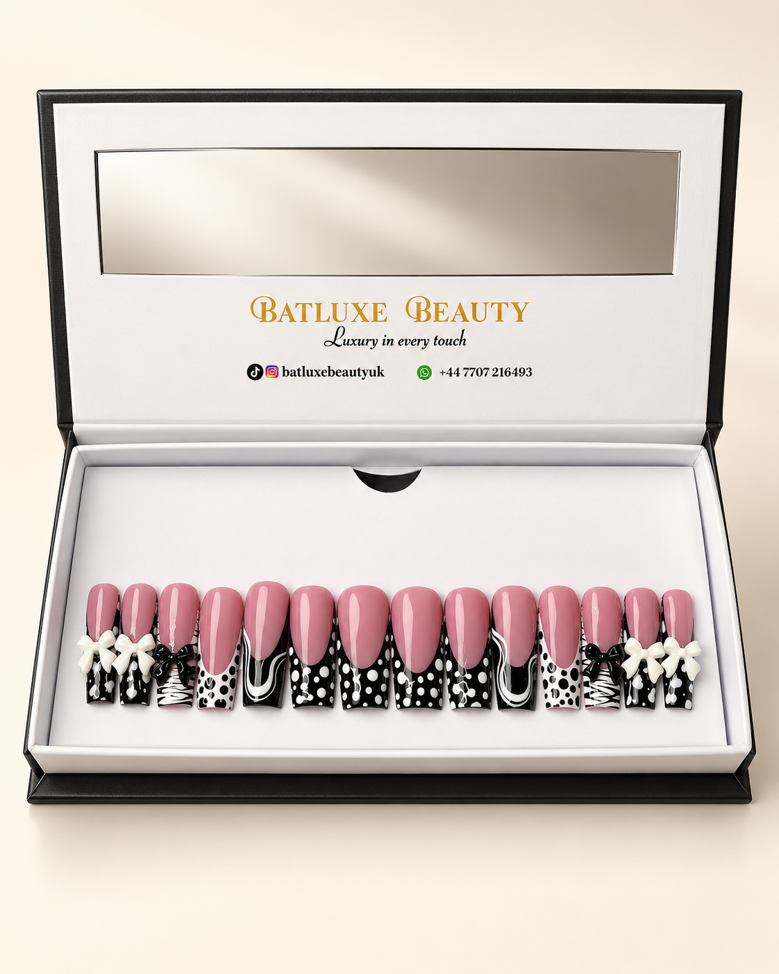 Batluxe Parisian Bow Press-On Nails with pink, black and white bow design