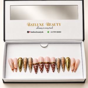 Batluxe Wild Luxe Press-On Nails – nude animal print and gold chrome nail set