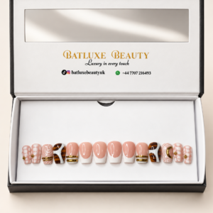 Batluxe Tortoise Luxe Press-On Nails with nude French tips and gold details