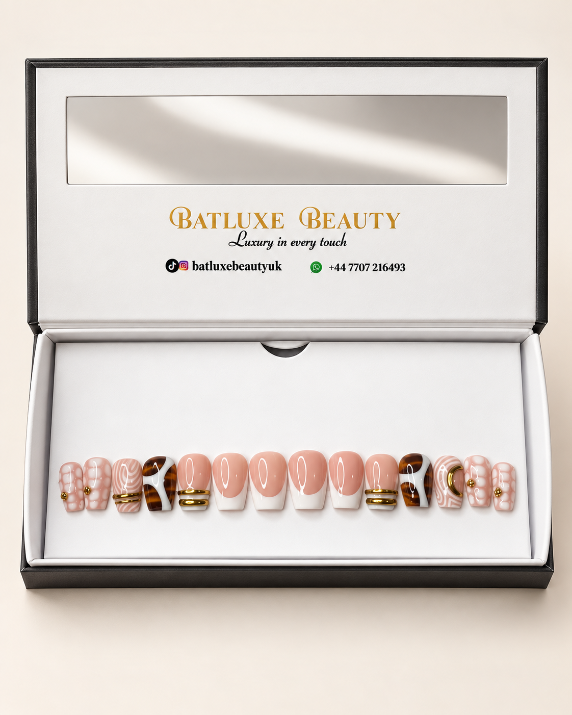 Batluxe Tortoise Luxe Press-On Nails with nude French tips and gold details