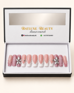 Batluxe Blush Blossom Press-On Nails with pink and white floral design