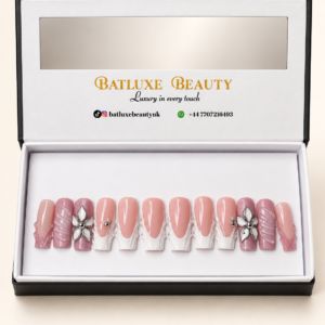 Batluxe Blush Blossom Press-On Nails with pink and white floral design
