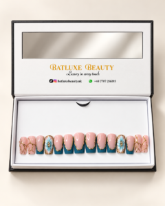 Batluxe Azure Bloom Press-On Nails with nude, teal, blue floral and gold design
