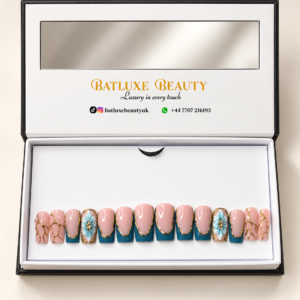 Batluxe Azure Bloom Press-On Nails with nude, teal, blue floral and gold design