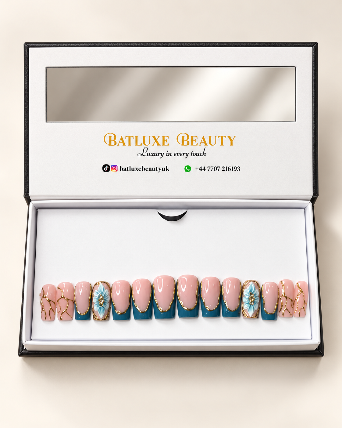 Batluxe Azure Bloom Press-On Nails with nude, teal, blue floral and gold design