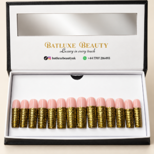Batluxe Golden Muse Press-On Nails with nude pink and textured gold design