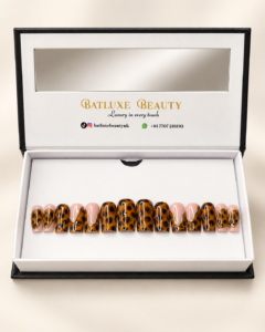 Batluxe Tortoise Temptation Press-On Nails with brown tortoiseshell, nude and gold design