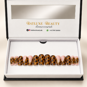 Batluxe Tortoise Temptation Press-On Nails with brown tortoiseshell, nude and gold design
